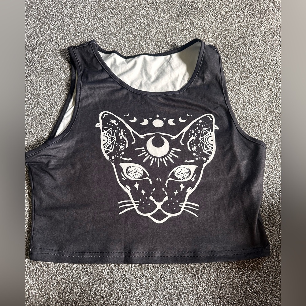 Geometric Tattoo Inspired Sphinx Cat Cropped Tank Top Size Medium